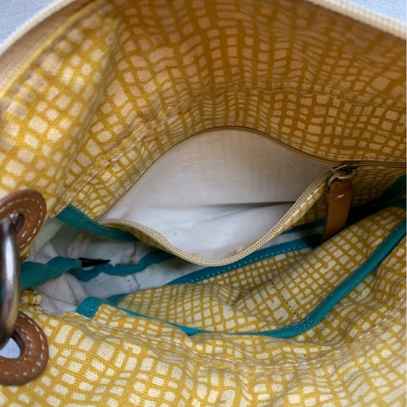 FOSSIL Oilcloth Crossbody Bag Purse Flower Blue Brown Tan Yellow Zipper Top - Picture 8 of 10